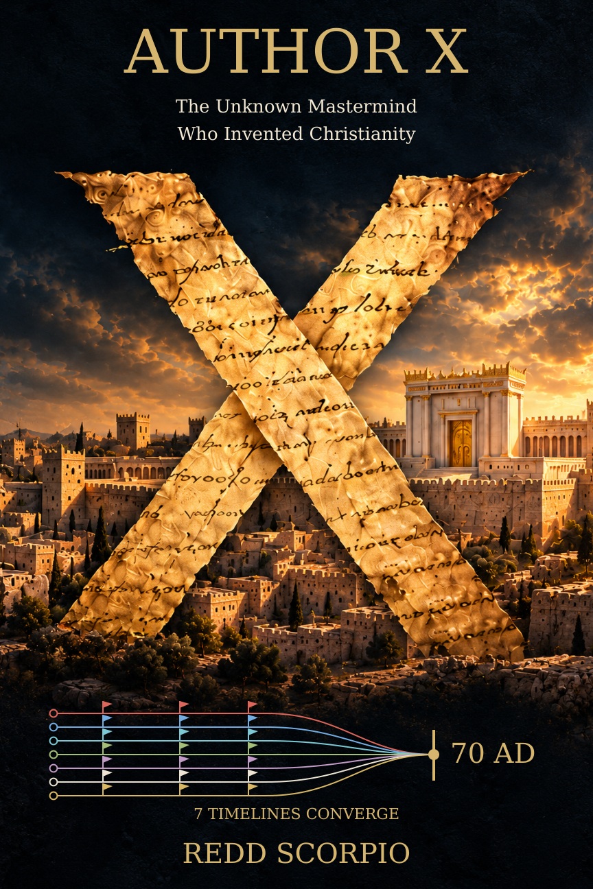 Author X: The Unknown Mastermind Who Invented Christianity, by Redd Scorpio. Gold manuscript X, Herod’s Temple illustration, and seven flagged timelines converging at 70 AD.